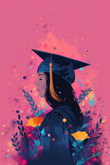 Wall Mural - minimalist cute vector illustration of female college student celebrating graduation, pink background, vertical reel story size