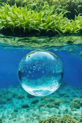 Wall Mural - water bubble blue oxygen air, in underwater clear liquid with bubbles flowing up on the water, on a 