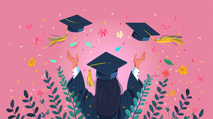 Wall Mural - minimalist cute vector illustration rear view female college student celebrating graduation, pink background
