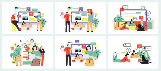 Web page design template for designing and programming vector illustration. Man working on mobile application, coding and prototyping web page. Web landing page design.