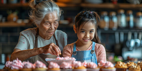 Sticker - Grandmother and granddaughter bake pastry together in kitchen, passing on tradition and love