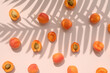 © Bozena Milosevic - Apricot fruit with palm leaves shadow on a pastel pink background. Summer aesthetic concept.