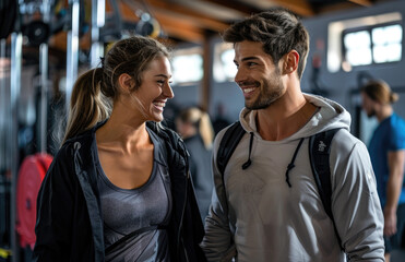 Canvas Print - A man and woman walking out of the gym, smiling at each other with sportswear on their shoulders and fitness equipment in the background