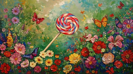 Wall Mural - Colorful lollipop in a blooming garden for birthday or party invitations