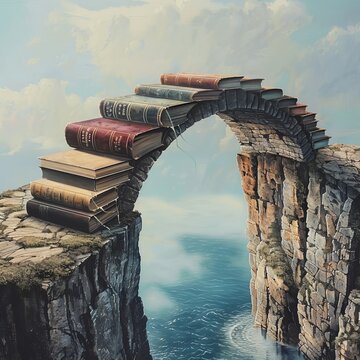 A bridge connecting two cliff edges, with the bridge made of books, illustrating knowledge as a connector and enabler of journeys