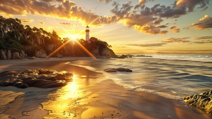 Wall Mural - A golden sunset reflects off the beach and rocks, with a lighthouse on a cliff in the