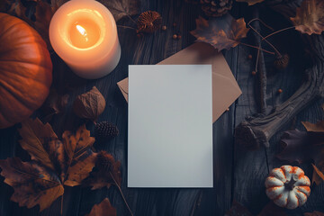 Flatlay of Halloween blank white paper greeting card menu invitation rsvp POD mock up candle pumpkin backdrop for night moody grunge dark background empty cardstock note invite fall modern lux