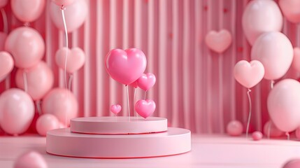 Heart 3D background podium balloon pink day display love happy valentine platform gift party. 