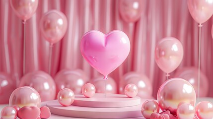 Heart 3D background podium balloon pink day display love happy valentine platform gift party. 