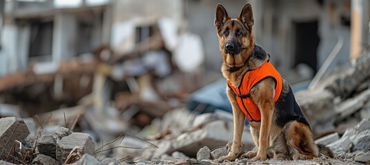 Poster - a german shepherd dog in a rubble