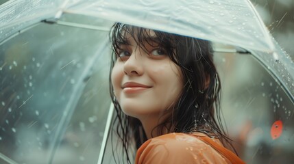 Rainy Day - A young woman smiles under a clear umbrella in the rain, her hair slightly wet, with raindrops and a soft focus background