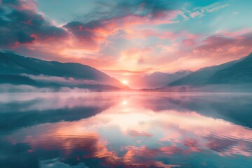 Poster - A breathtaking sunrise over the mountains, reflecting on calm waters of lake with misty fog and beautiful colorful sky