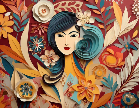 paper collage of a young woman face with floral designs and abstract elements