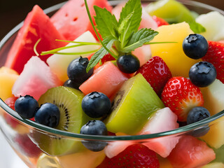 Wall Mural - Delicious fruits salad in plate on table close-up