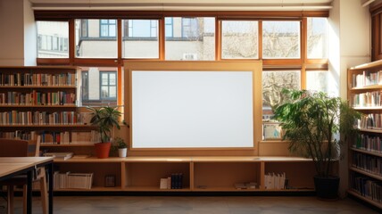 Wall Mural - Blank poster on a notice board at a local library, bookshelves in background, warm light