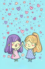 Two girls giving a high five on isolated vibrant blue background. Friendship day poster.