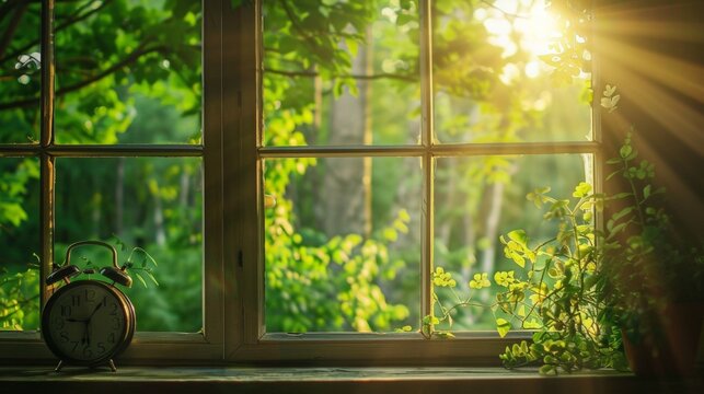 the clock is on the windowsill, the sun is shining outside the window and the green forest 