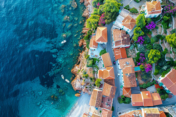 Wall Mural - An aerial close-up of a small, charming Mediterranean coastal city. Red-tiled rooftops, narrow winding streets, and vibrant bougainvillea contrast with the deep blue sea stretching out on one side