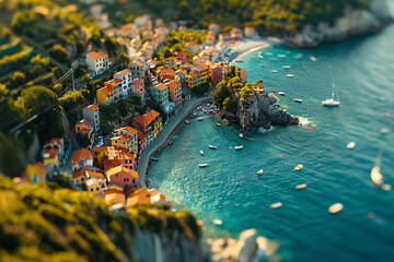 Wall Mural - An aerial close-up shot of a small, charming coastal town with colorful buildings lining the streets. The city is nestled between lush green hills and the sparkling blue sea, creating a picturesque sc