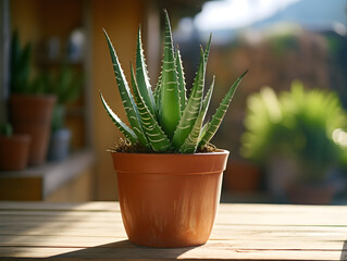 Wall Mural - Close up of an aloe vera plant in a pot at home, blurred background