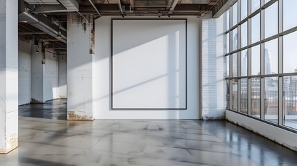 Wall Mural - A blank white square frame was hanging on the wall of an industrial warehouse with concrete floors and high ceilings. The room was well lit, with large windows that provided natural light from outside