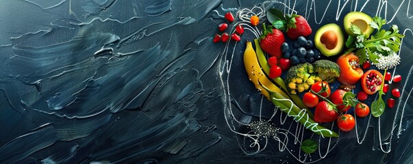 Wall Mural - Fresh vegetables and fruits arranged in a heart shape on a blackboard with a chalk-drawn cardiograph line. Ideal for promoting heart-healthy diets and nutritious eating habits