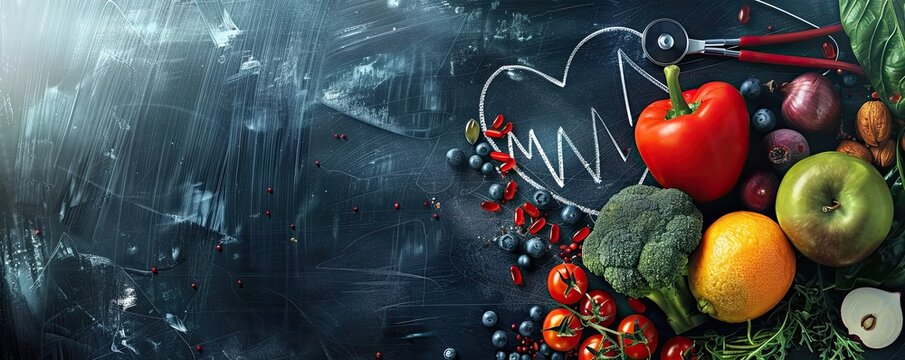 fresh vegetables and fruits arranged in a heart shape on a blackboard with a chalk-drawn cardiograph
