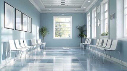 A clean, modern hospital waiting room with light blue walls and white chairs arranged along the wall. The windows at one end let in natural sunlight that illuminates the space.
