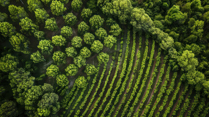 Wall Mural - A striking aerial perspective of a reforestation initiative, showcasing rows of freshly planted trees, illustrating environmental renewal and sustainability efforts.