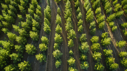 Wall Mural - A striking aerial perspective of a reforestation initiative, showcasing rows of freshly planted trees, illustrating environmental renewal and sustainability efforts.