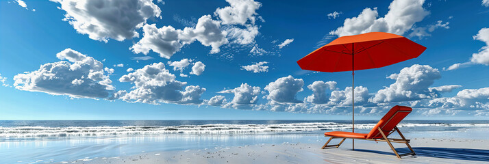 Canvas Print - Sandy Beach with Blue Umbrella, Sunny Day in Spain, Relaxing Vacation by the Sea