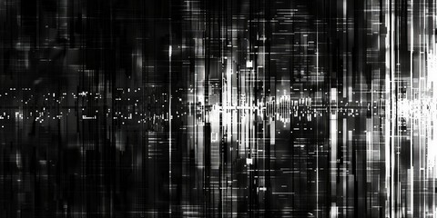 A black and white pattern of pixelated vertical lines, resembling static on an old television screen. The dense texture has small white dots 