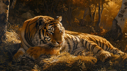Wall Mural - An Amur tiger gracefully resting in a sunlit patch, the golden rays highlighting its majestic coat and adding a touch of enchantment to the scene.
