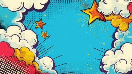 Wall Mural - Pop art comic background with cloud and star ,Cartoon Illustration on blue, A little yellow star and white cloud drawing on blue sky background ,Cute wallpaper, comic style pop material explosion 
