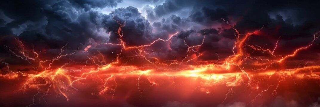 A red lightning bolt with orange and black background, sky full of dark clouds, dark red orange thunderstorm, red orange  lightning effect. electric texture, banner