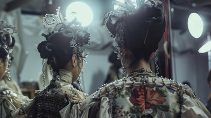 Wall Mural - Candid shot of models in intricate costumes, checking their reflections in mirrors under bright backstage lights, showcasing the final preparations for the runway.