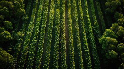 Canvas Print - Captivating aerial shot of a reforestation site, revealing orderly lines of recently planted trees, embodying dedication to combating deforestation and enhancing green landscapes.