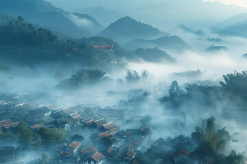 Wall Mural - An aerial shot of a village in a mountain valley on a foggy morning. The rooftops of the houses peek through the dense fog, creating a mystical and enchanting scene, with tall mountains looming in the