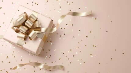 Gift box wrapped in gold ribbon and confetti, gift box and ribbon on pink background.