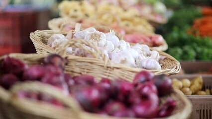 Wall Mural - Fresh organic vegetables and fruits on farmer market. Typical European market of home grown produce.