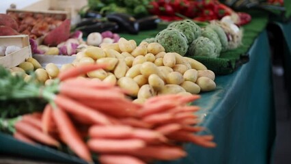 Wall Mural - Fresh organic vegetables and fruits on farmer market. Typical European market of home grown produce.