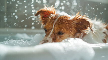 Wall Mural - Detail shot of a happy pet dog getting a bath, surrounded by playful splashes and suds, showcasing the fun and bonding experience of bath time.