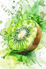 Wall Mural - The delicate watercolor painting captures the vibrant hues of hardy kiwi fruit, highlighting its smooth, green exterior and lush foliage with stunning detail and artistry.
