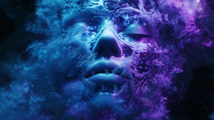 Poster - An Artificial Intelligence Concept: A fractal female face formed by abstract information fractals in dark blue and violet shades.