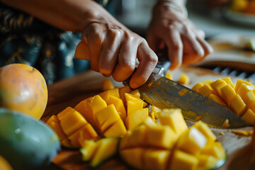 Wall Mural -  person's hands slicing ripe mangoes for a refreshing fruit salad, indulging in seasonal fruits for a healthy snack