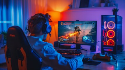 Wall Mural - Gamer wearing a headset and using a mic on his PC playing a Shooter Online Video Game. The room and PC are illuminated by neon led lights. Cozy evening at home.