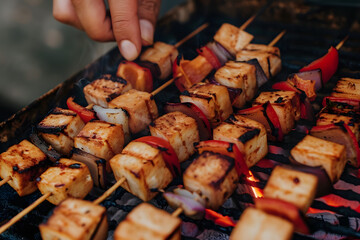 Wall Mural -  a person's hands grilling marinated tofu skewers with bell peppers and onions, offering a delicious plant-based alternative for barbecue gatherings