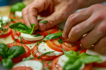 Wall Mural - a person's hands carefully layering slices of ripe tomatoes, fresh mozzarella cheese, and basil leaves to create a vibrant Caprese salad