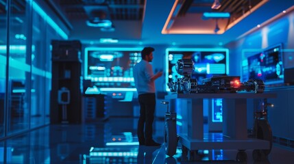 Two Technical Engineers are discussing wheeled robot prototypes in Robotics Engineering Facility late at night. A high tech research center is behind them with screens showing technology and design.