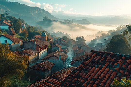An aerial view of a picturesque village nestled in a mountain valley at sunrise. The houses have red-tiled roofs, and the morning mist gently blankets the valley, creating a serene and magical atmosph